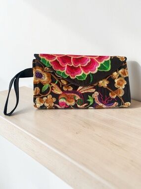 Embroidered Floral Wristlet Clutch Black Satin Statement Bag Boho